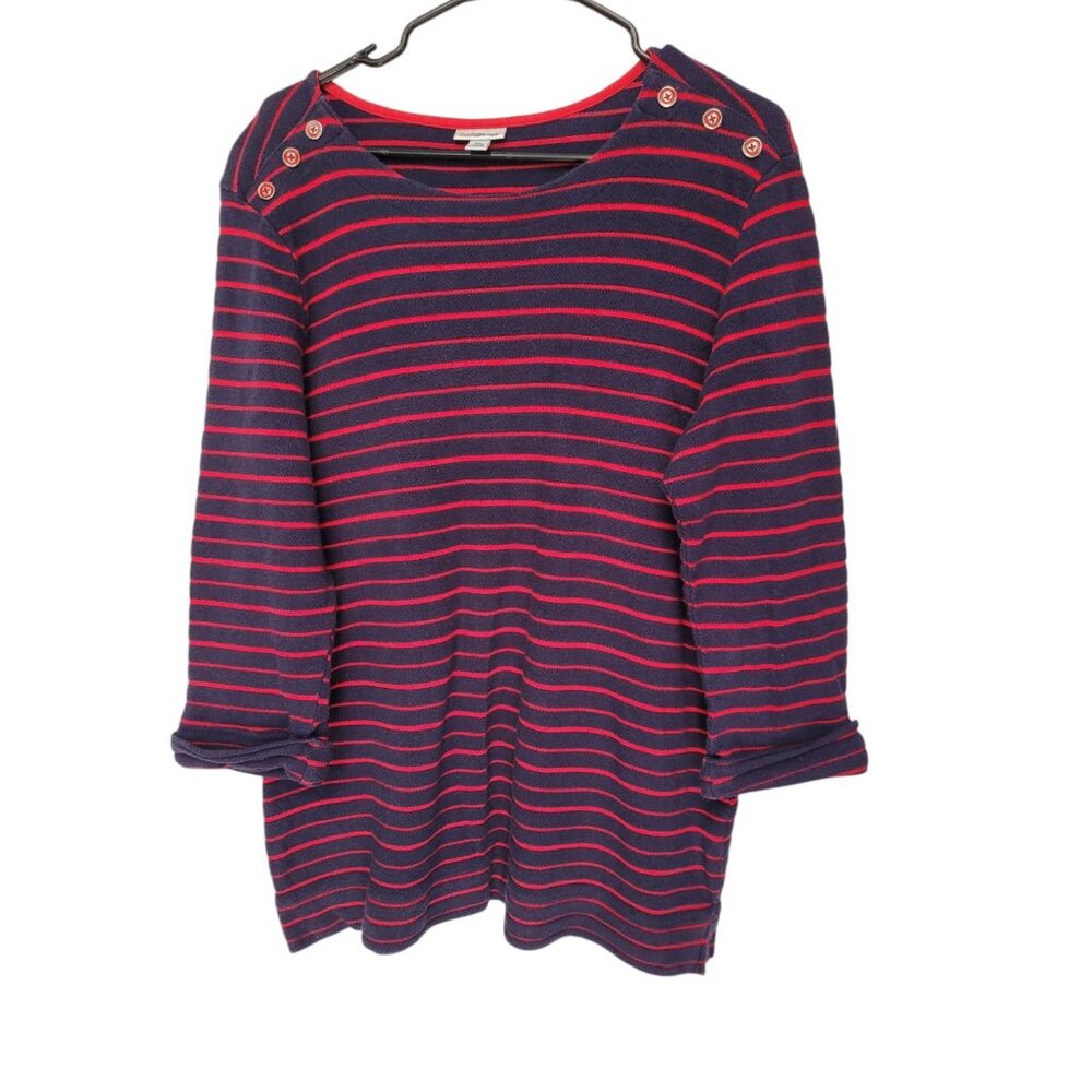 Croft & Barrow Pullover Blouse XL Knit Top Red & Blue Striped 3/4 Sleeves Cuffed